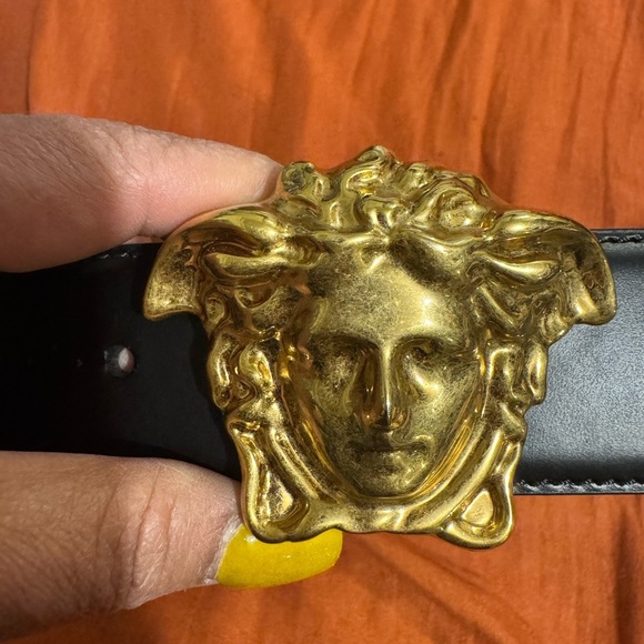 Versace Black Leather Belt with Gold Medusa Buckle